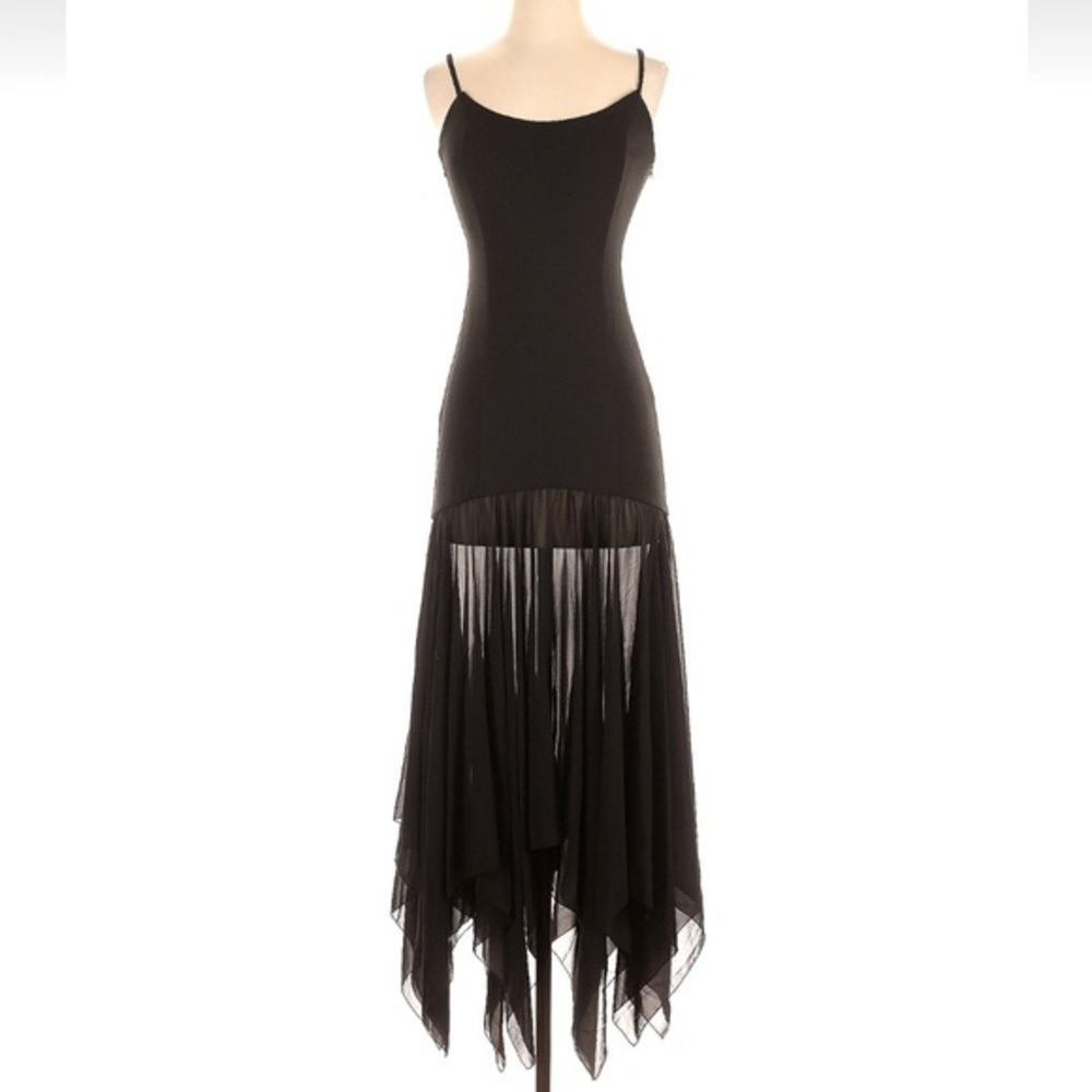 Meshki Y2K handkerchief hem semi sheer black maxi dress event / wedding XS NWT